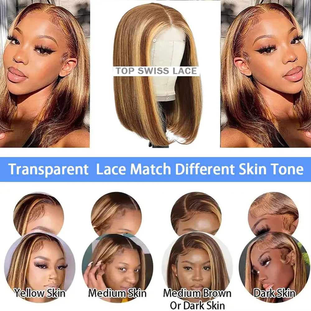 Straight Short Bob Wig P4/27 Highlight 13x4 Transparent Lace Frontal Wig 100% Brazilian Human Hair Wig 180 Density For Women