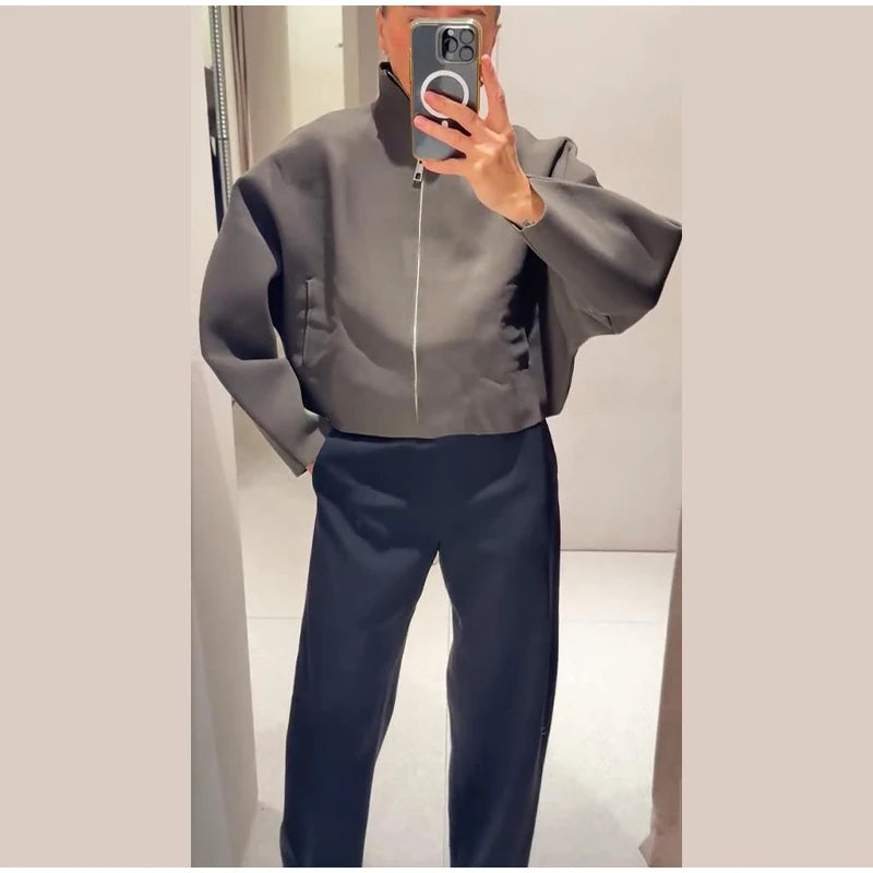 Woolen Zipper Loose Short Jacket Women Long Sleeve Lapel Solid 2025 Autumn Winter Commute Coat Street Office Warm Ladies Outwear