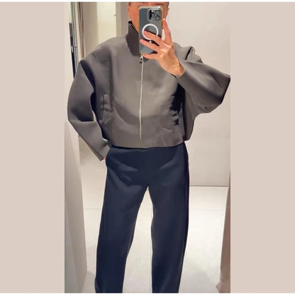 Woolen Zipper Loose Short Jacket Women Long Sleeve Lapel Solid 2025 Autumn Winter Commute Coat Street Office Warm Ladies Outwear