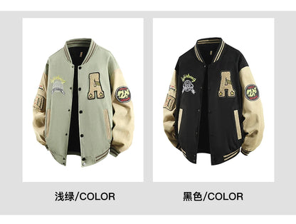 Hip Hop Men's Suede Embroidered Varsity Jacket Color Block Letter Graphic Long Sleeve Baseball Jacket Bomber Coat