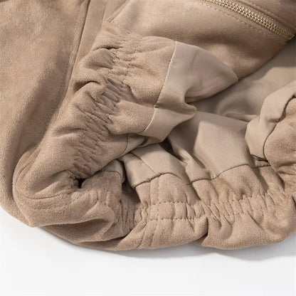 New autumn and winter women's casual loose suede texture effect hooded long sleeved solid color pilot jacket jacket