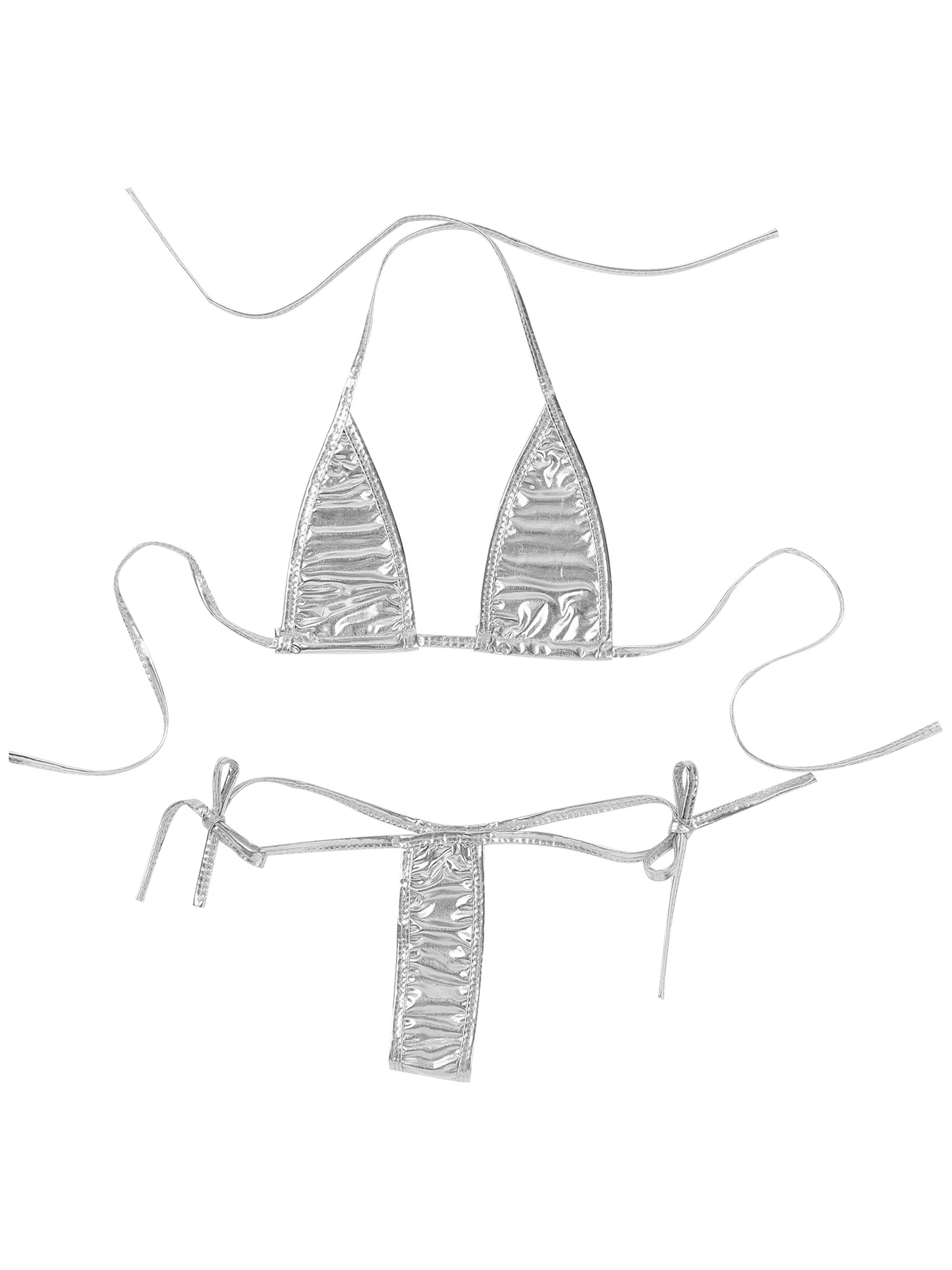 Womens Brazilian Micro Bikini Swimsuit Biquini Set Lacing Non-Padded Triangle Cup Bra Top with G-String Metallic Shiny Swimwear