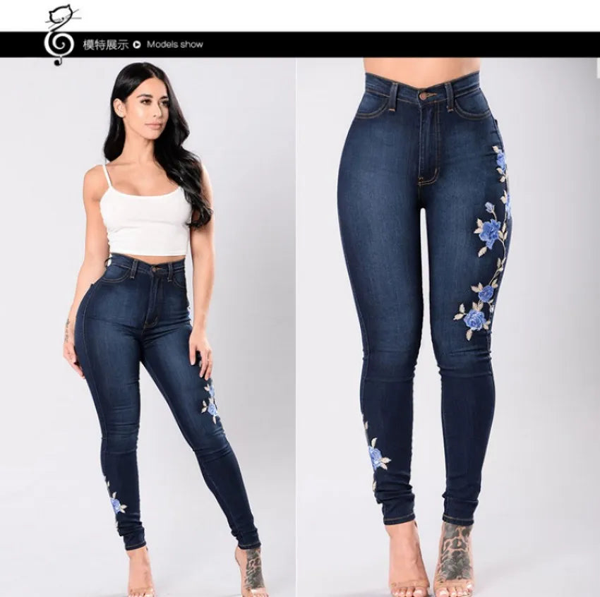 New Women's High Waist Embroidered Jeans Fashion Slim Stretch Denim Pencil Pants Street Trendy Trousers S-3XL Drop Shipping
