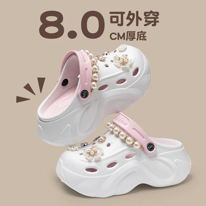 Summer Fashion Pearl Chain DIY Clogs Women 2025 Chunky Platform Slip On Sandals Women Thick Bottom EVA Slippers Shoes Woman Heel