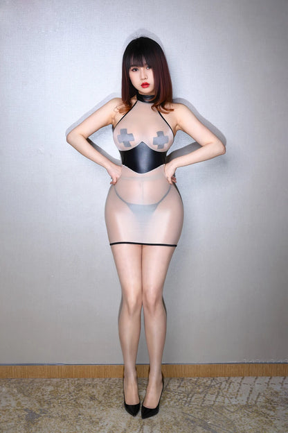 Fashion Oil Shiny Sheer Bodycon Dresses Women Wrap Hip Pencil Dress Sleeveless Patchwork Night Club Skinny Dress Woman Clothing