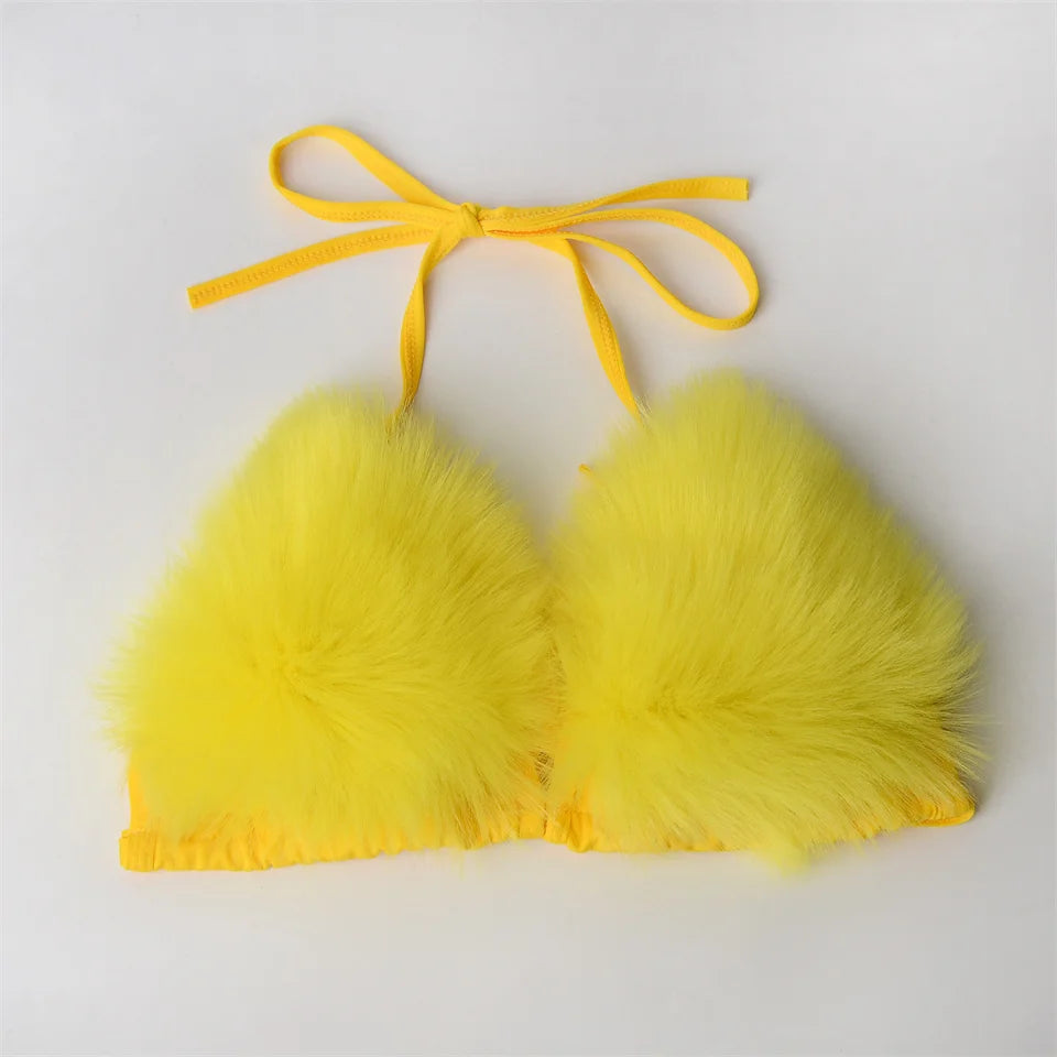 Summer Women Fake Fox Fur Sexy Halter Solid Color Bikini Set Swimsuits Triangle Sexy Bikini Set Faux Fur Swimsuit Plush Swimwear