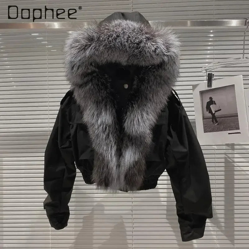 Big Fox Fur Collar Removable Rabbit Liner Short Coat Jacket for Women Winter Elastic Hem Hooded Jackets Wram Fashion Outwear