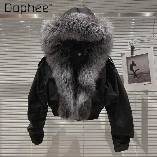 Big Fox Fur Collar Removable Rabbit Liner Short Coat Jacket for Women Winter Elastic Hem Hooded Jackets Wram Fashion Outwear
