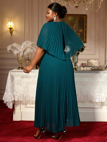 Elegant Plus Size Pleated Maxi Dress O Neck Cloak Sleeve High Waist  Perfect for Evening Event Wedding Guest or Formal Occasions
