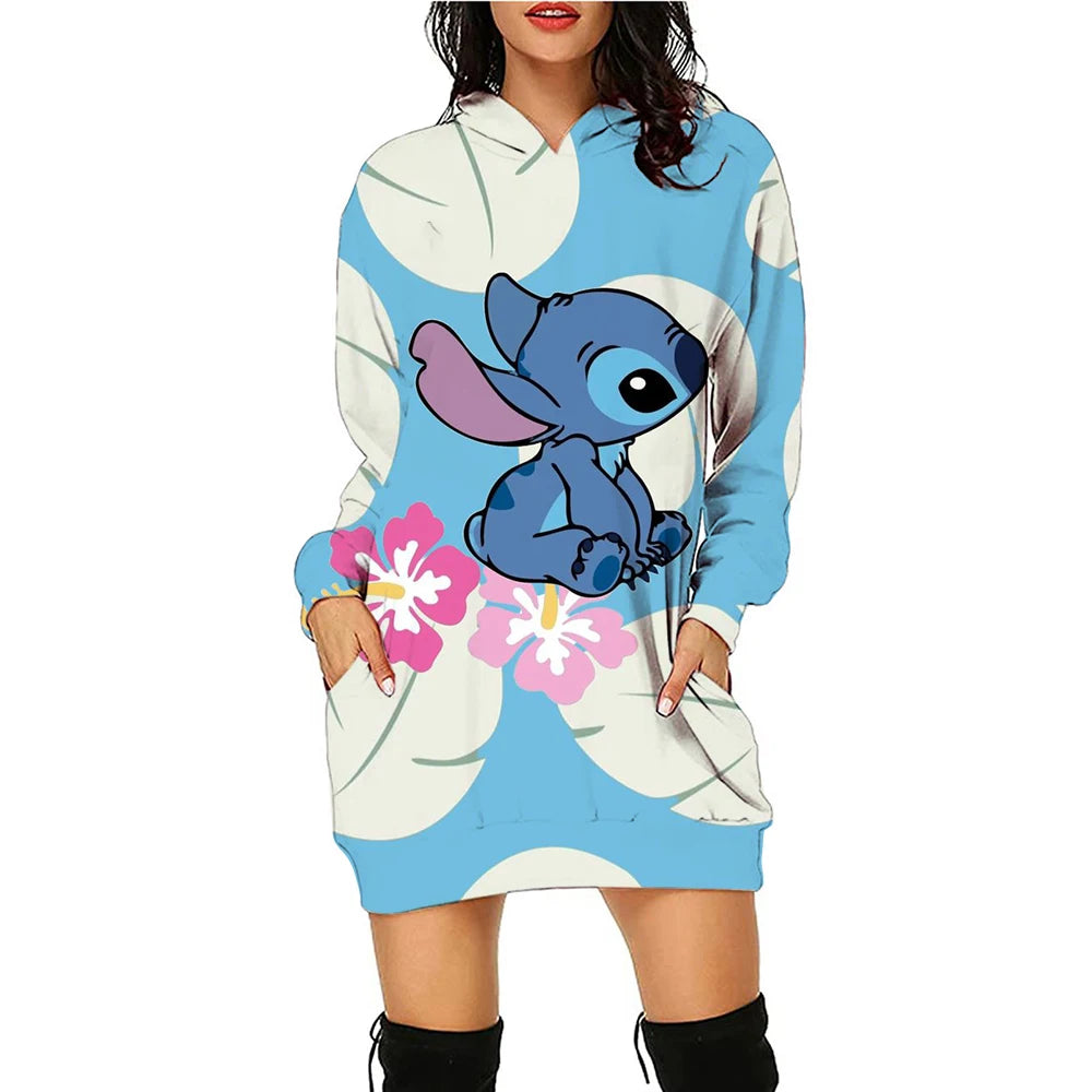 Y2k Stitch Dresses for Women 2024 Disney Woman Clothes Mini Dress With Hood Hoodie Kawaii Fashion Luxury Party Sweater Dress 3XL