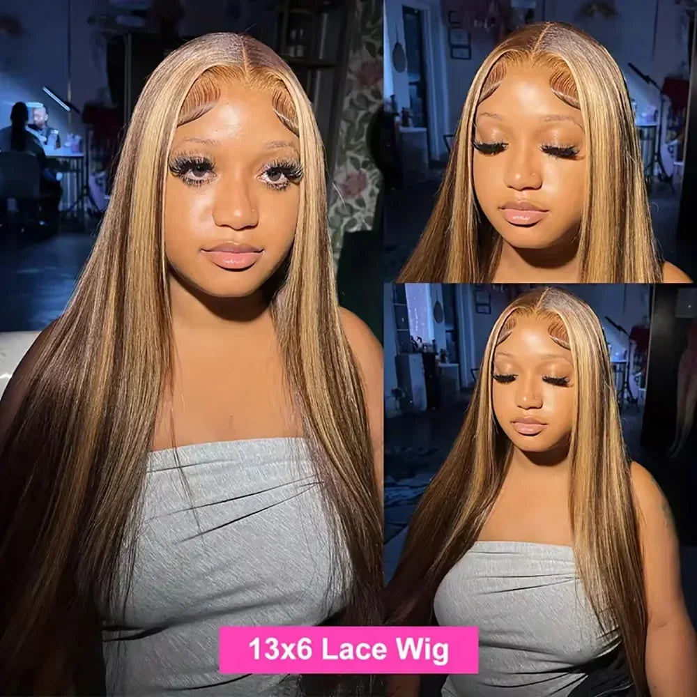 46 Inch Brazilian Hair P4/27 Straight 100% Human Hair Wig Honey Blonde 200% Density Remy Hair 13x6 HD Transparent Lace Front Wig