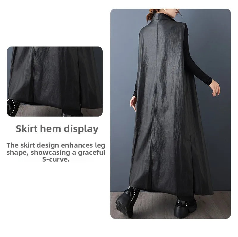 Casual Loose PU Leather Jaet Long Stand Collar Windbreaker Outerwear Faionable Design Sense Asymmetrical High-End Feeling