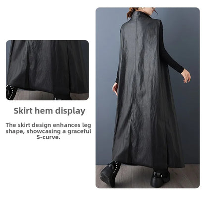 Casual Loose PU Leather Jaet Long Stand Collar Windbreaker Outerwear Faionable Design Sense Asymmetrical High-End Feeling