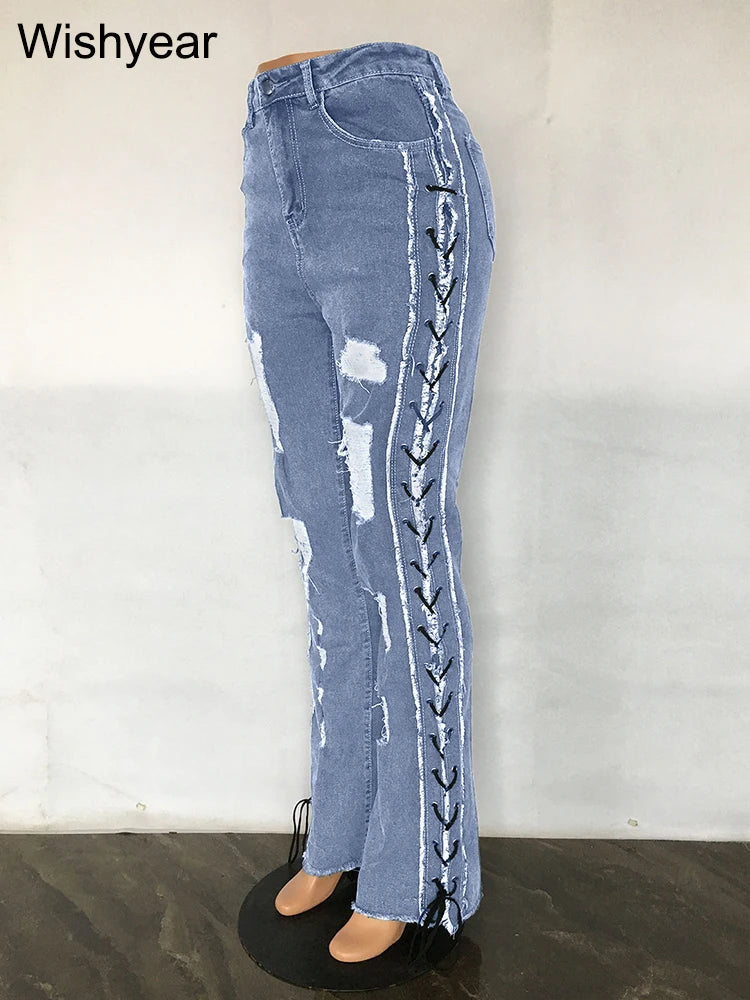 Women's Slim Fit Ripped Denim Jeans High Stretch Blue Pants Eyelet Lace Detail Streetwear Cowboy Style Y2K Flattering Bottoms