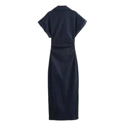 Denim Dress Women's Spring Summer Casual Long Dresses For Women 2025 New Fashion Ruched Short Sleeve Streetwear Midi Dress
