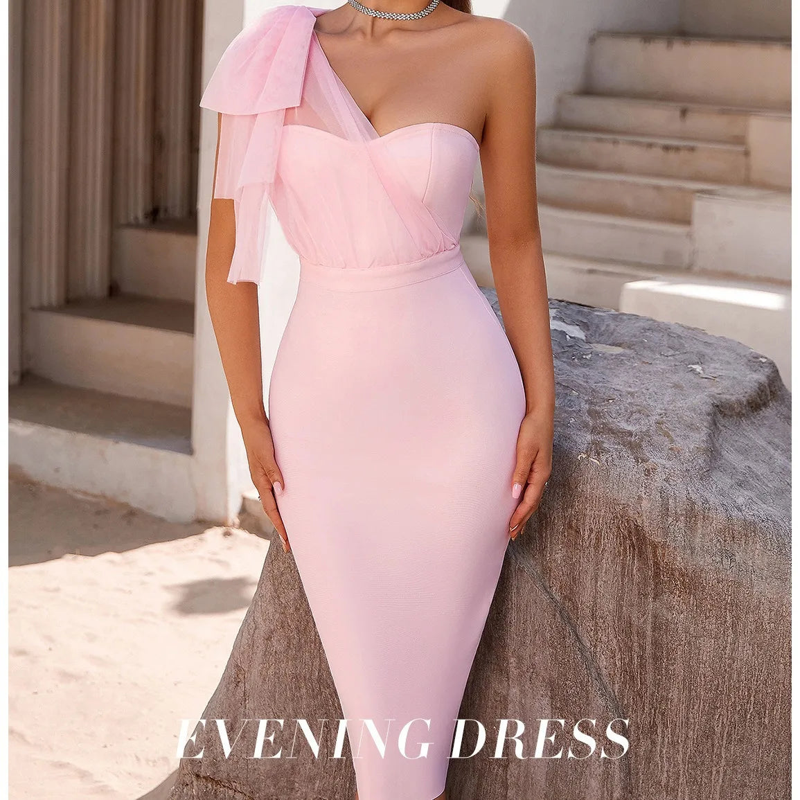 One Shoulder Bandage Dress For Women Bow Sleeveless Evening Dresses Club Party Celebrity Bodycon Sexy Party Dresses Vestidos