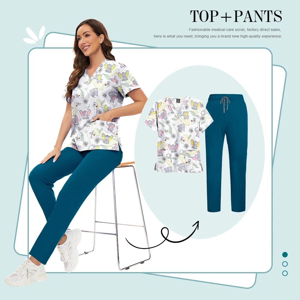 Scrubs Uniforms Sets High-quality Medical Scrub Multicolor Animal Printed Women Scrub Tops Medical Scrubs Uniform Nurse Lab Wear