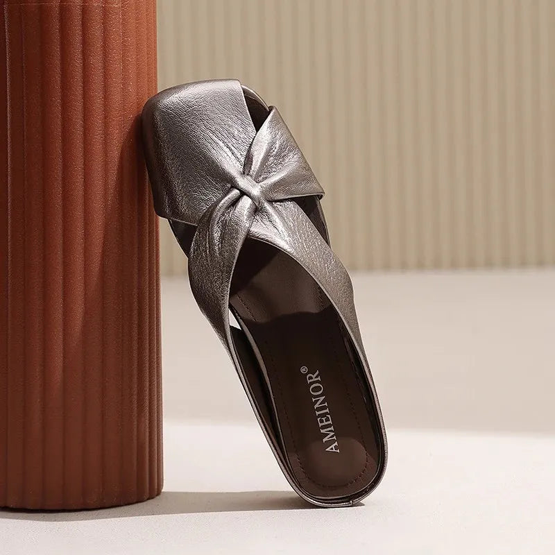 2025 Women Fashionable and Versatile Shoes Brand Slippers Casual and Comfortable Bowknot Casual Leather Slippers