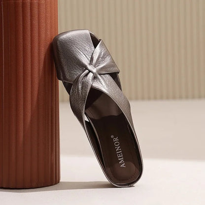2025 Women Fashionable and Versatile Shoes Brand Slippers Casual and Comfortable Bowknot Casual Leather Slippers