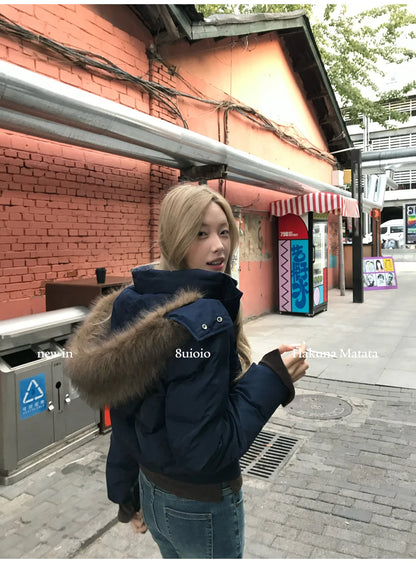 Autumn Winter Fur Hooded Jacket Women Outerwear Thick Dowon Cotton Padded Slim Short Parkas Female Cropped Puffer Bubble Coat