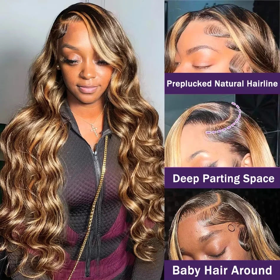 Highlight Ombre Body Wave Lace Front Wig Human Hair 13x4 13X6 4/27 Honey Blonde Lace Frontal Wigs Pre Plucked 200 Density
