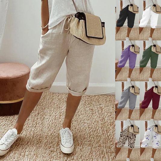 Women Cotton Linen Harem Knee Length Pants Summer High Elastic Drawstring Pocket Solid Color Shorts LRFZ-911