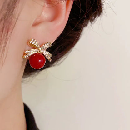 Sparkling Rhinestone Bow Pearl Stud Earrings Light Luxury Fashion Jewelry Women Gifts Wedding Birthday