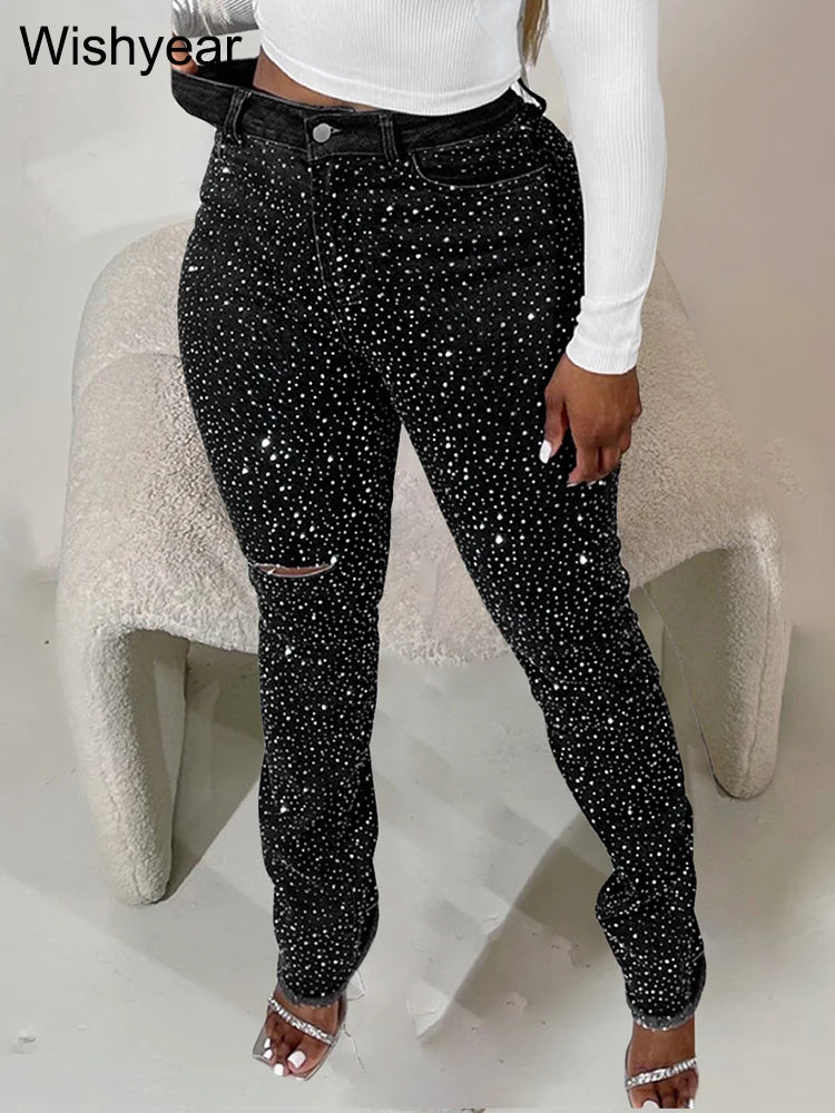 Fashion Skinny Stretch Jeans for Women Luxury Diamonds Hole Pencil Pants High Waist Washed Streetwear Y2k Streetwear Trousers