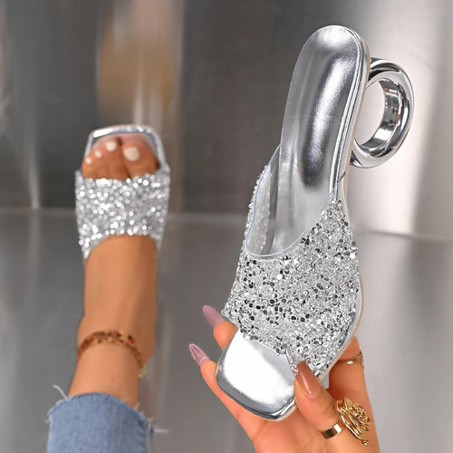 Elegant Pointed Toe High Heels Slippers Women Summer Fashion Clear Crystal Heel Sandals Woman Shiny Sequins Banquet Party Shoes