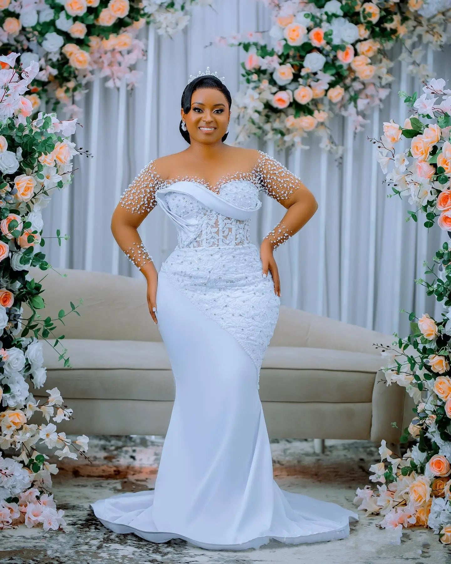 Customized Illusion Scoop Neck Handmade Beads Appliques Mermaid Wedding Dress Long Sleeves  De Novias 2025 with Removable Skirt