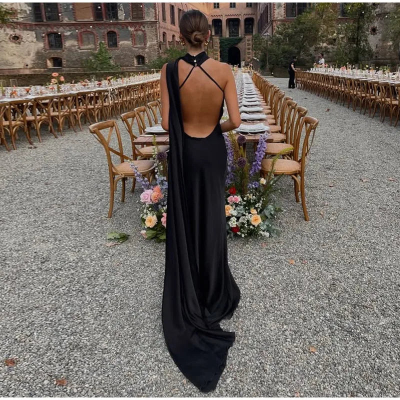 Elegant Ribbon Halter Dress Women Solid Off Shoulder Sleeveless Backless Slim Maxi Dresses 2026 Summer Autumn Party Robes Lady
