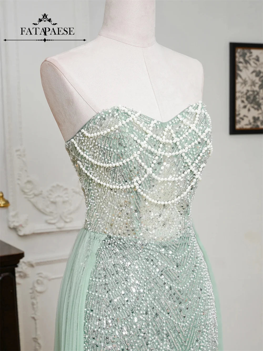 FATAPAESE Glamour Sequin Pearls Luxury Evening Dresses Sexy Tulle Train Party Dress for Wedding Charity Prom Award Ceremony