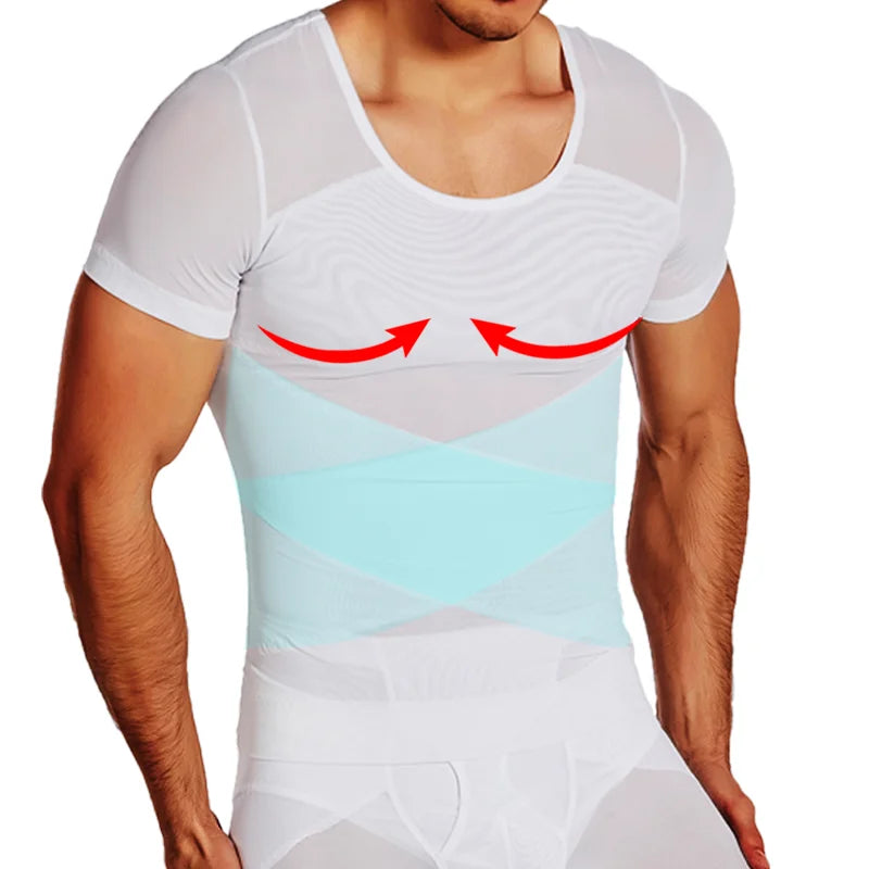 Mens Mesh Body Shaper Short Sleeve Compression Shirts Belly Slimming Undershirt Workout Abs Abdomen Tummy Control Tops Shapewear