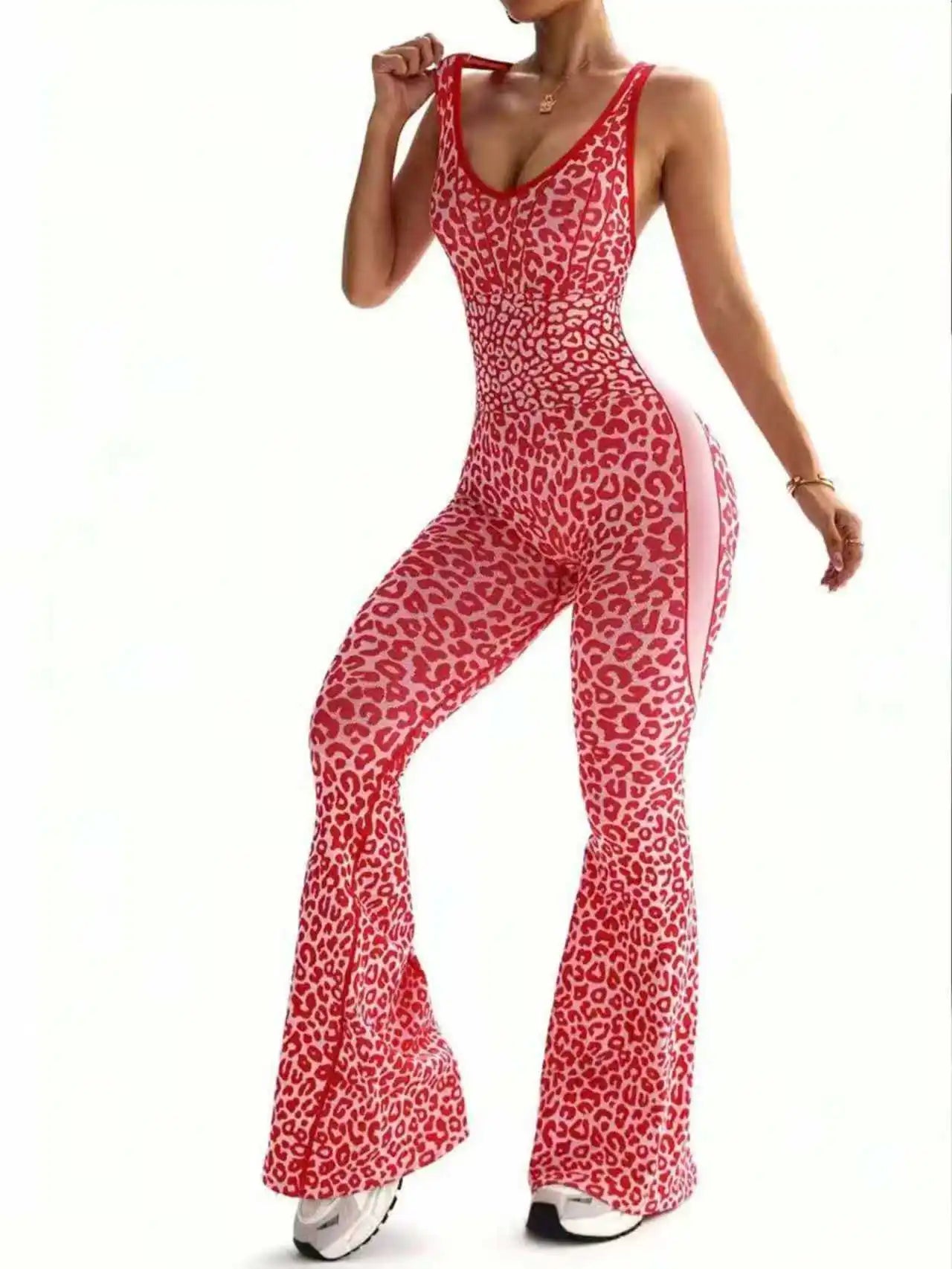 New Leopard Print Bodysuit Women Seamless Flared Pants Jumpsuits Sexy One-piece Fitness Suit Cross Back Stretchy Yoga Jumpsuits