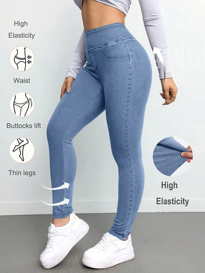 Women's Slim Fit Autumn Leggings with Full Length Denim-Look Floral Print Casual and Comfortable Workout Pants