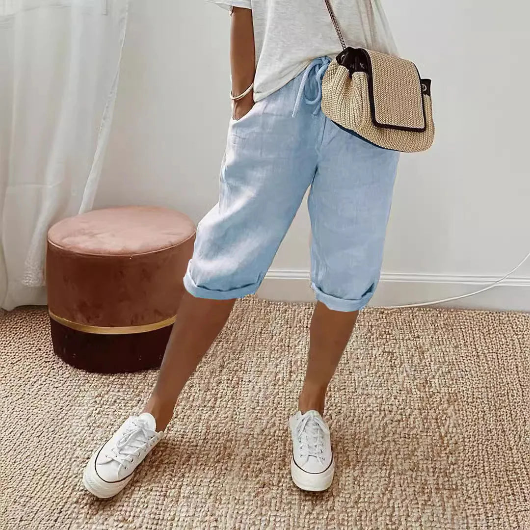 Women Cotton Linen Harem Knee Length Pants Summer High Elastic Drawstring Pocket Solid Color Shorts LRFZ-911