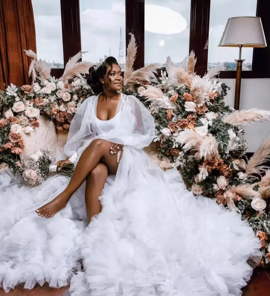 Puffy Wedding Robe Tulle Long Sleeves Ruffles Bathrobe Bride Women Gowns Bridal Boudoir Maternity Prom Dress Photoshoot
