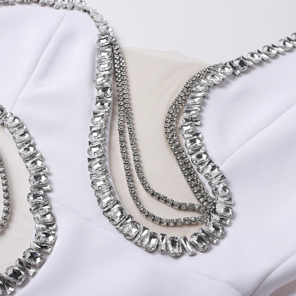 Women Mermaid Sexy White Sleeveless Bandage Long Dress Mesh Backless Strapless Diamonds Bodycon Party Evening Wedding Gowns