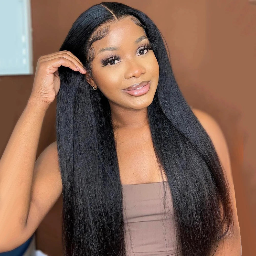 13x6 Kinky Straight Lace Front Human Hair Wig With Kinky Edges Baby Hair 360 Transparent Lace Yaki Straight Human Hair Wigs
