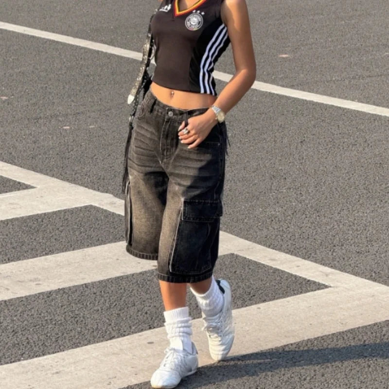 American retro workwear denim shorts women's summer new style loose side three-dimensional large pocket casual five quarter pant