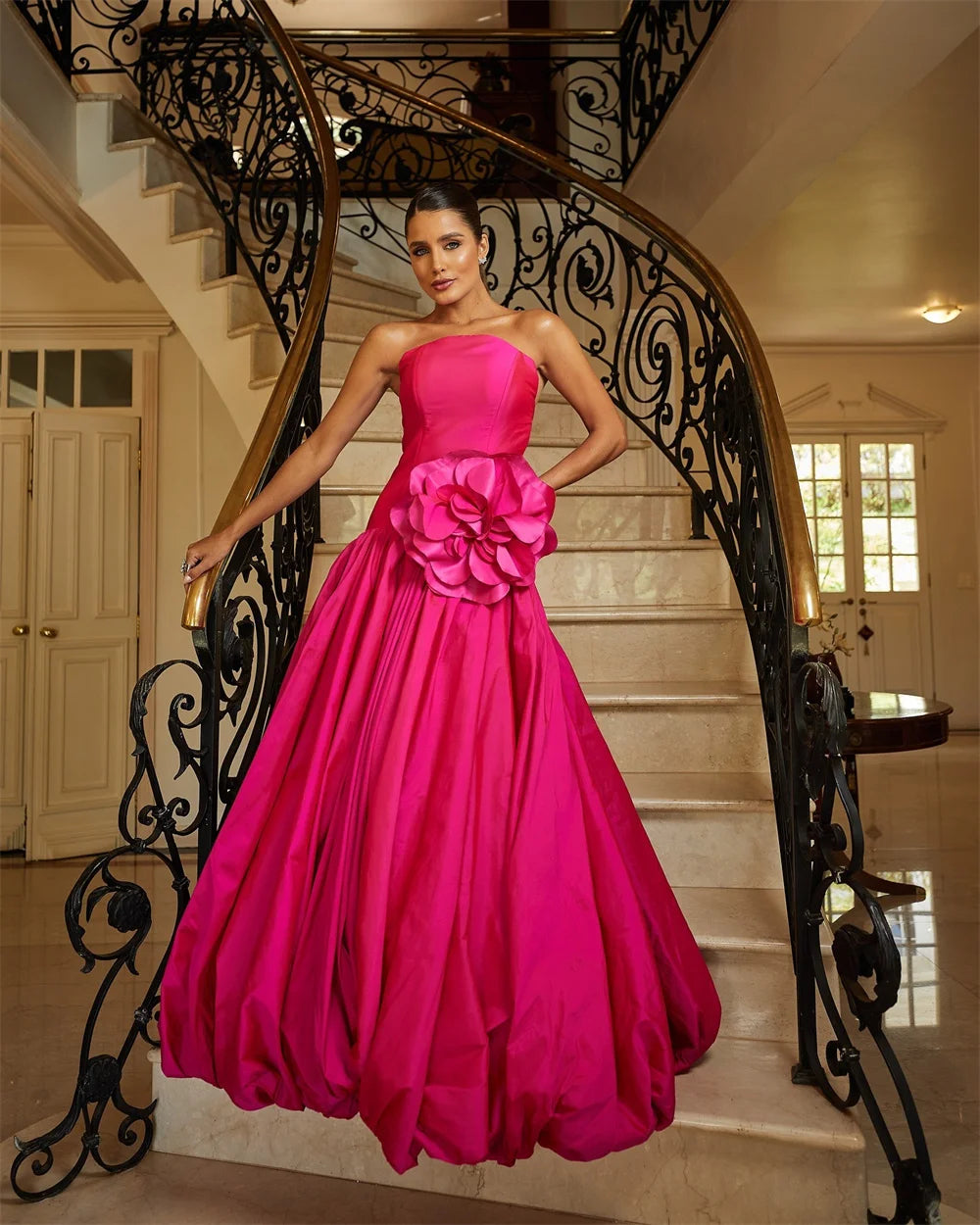 Amanda Customized Pink Strapless 3D Flower Prom Dresses Pleated Sleeveless vestidos de noche Mermaid Floor-Length Formal Evening