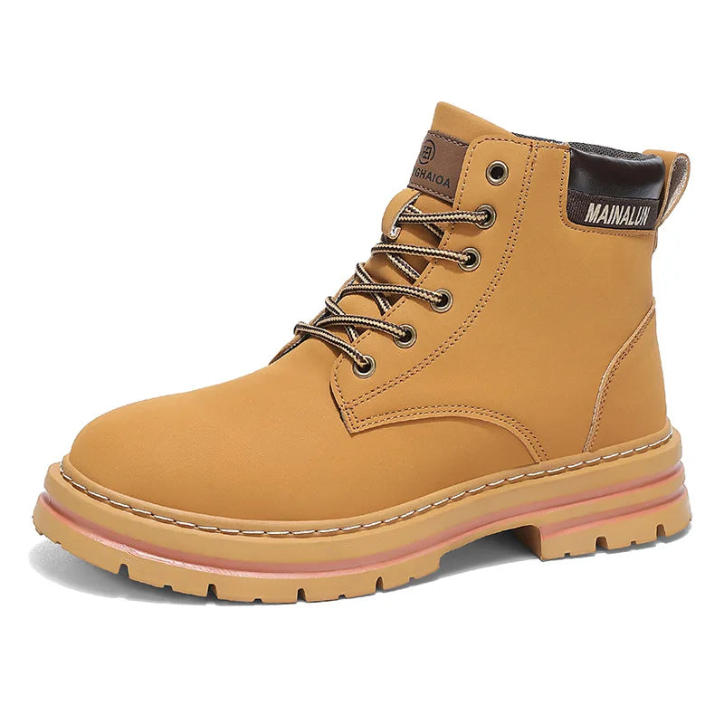 Classic Men High Top Boots High Quality Yellow Leather Boots Fashion Outdoor Sneakers Men Lace Up Non-Slip Ankle Boots for Men
