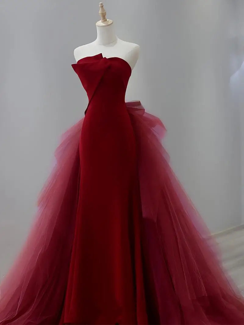 Wine Red Prom Dress Tulle Dress Off Shoulder Long Dress Princess Classic Wedding Dress 2024 Gorgeous High Quality Evening Dress