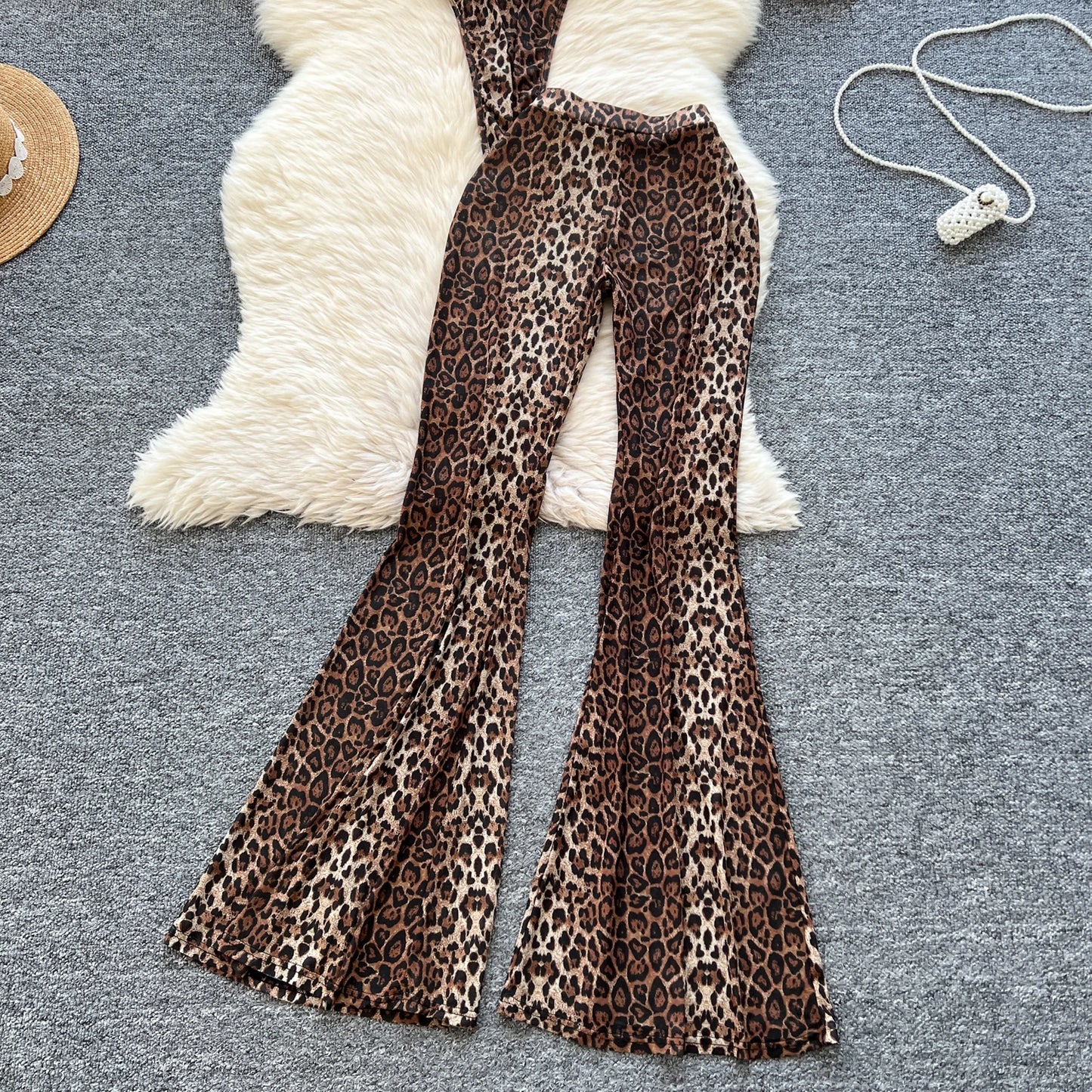SINGREINY 2025 & 2026 Newest Leopard 2pcs Suits Women Sexy Strap Tops+Elastic Waist Flared Pants American Ins Fashion Hotsweet Sets