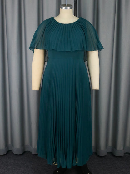 Elegant Plus Size Pleated Maxi Dress O Neck Cloak Sleeve High Waist  Perfect for Evening Event Wedding Guest or Formal Occasions