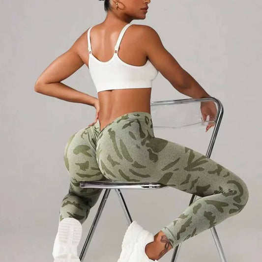 Women Camouflage V Back Gym Leggings Butt Lifting Fitness Athletic Workout Scrunch Leggins Exercise Yoga Pants Sports Clothing