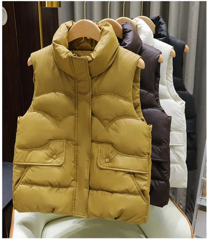 Down Cotton Vest Women 2025 New Autumn Winter Fashion Stand Collar All-Match Warm Sleeveless Waistcoat Jacket Ladies Female Tops