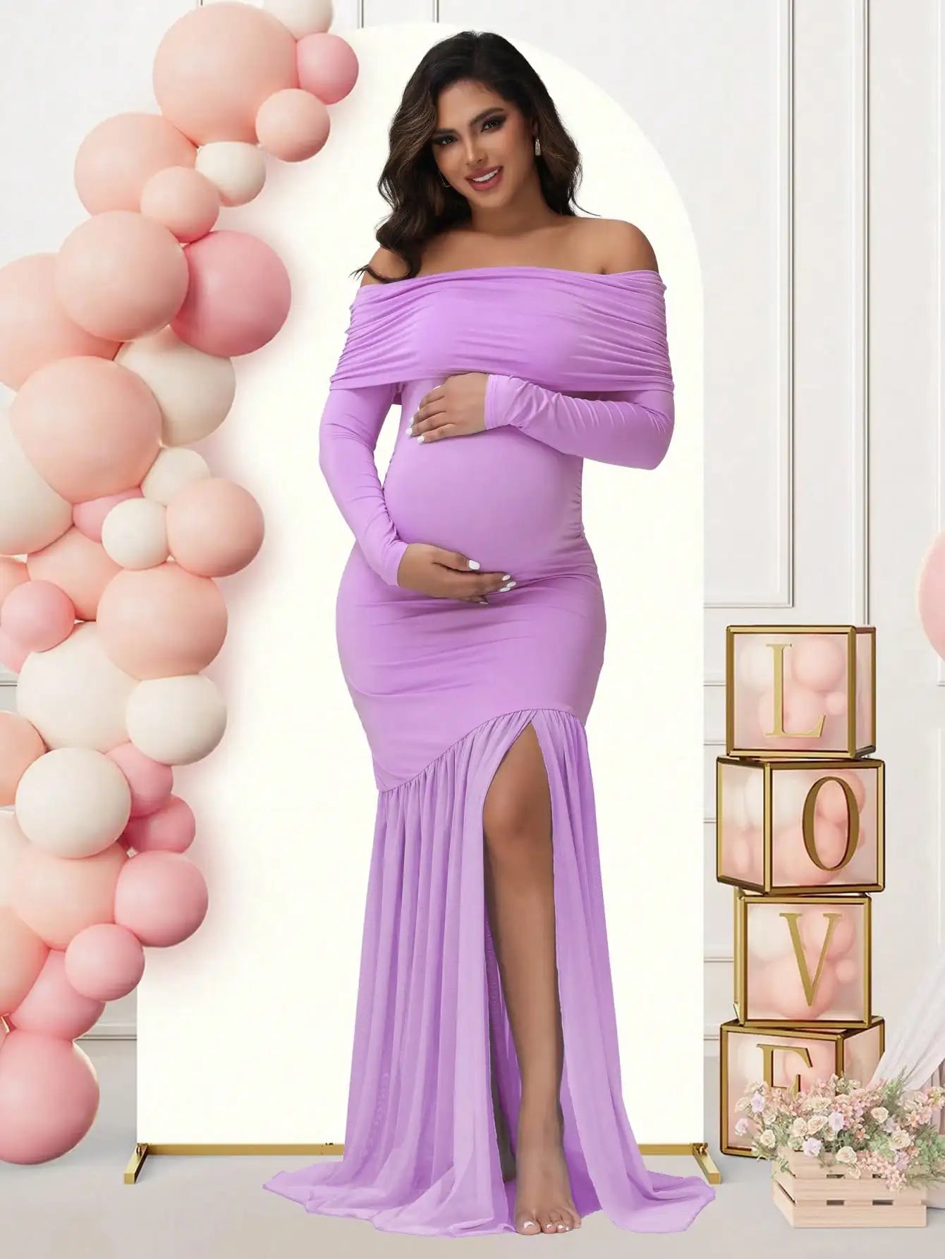 Maternity Dresses Photoshoot Off-Shoulder Slits Fishtail Hem Baby Shower Clothes For Pregnant Woman Evening Party Elegant Gown