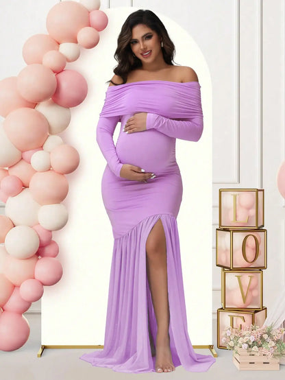 Maternity Dresses Photoshoot Off-Shoulder Slits Fishtail Hem Baby Shower Clothes For Pregnant Woman Evening Party Elegant Gown