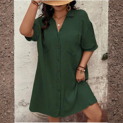 New Women'S Fashion Casual Solid Color Buttoned Mid-Length Short Sleeve Loose Dress Vestidos Para Mujer Ropa De Mujer 신상원피스